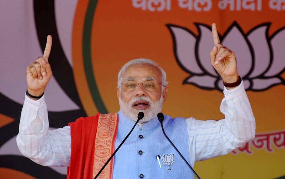 Prime Minister Narendra Modi addresses during an election campaign rally in Hazaribagh.
