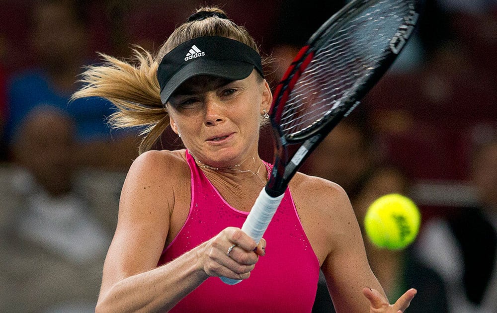 DBS Singapore Slammers' Daniela Hantuchova plays against Micromax Indian Aces player Ana Ivanovic, during the International Premier Tennis League, in New Delhi.