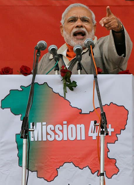 Indian Prime Minister Narendra Modi speaks during a campaign rally ahead of local elections in Srinagar, Indian controlled Kashmir.