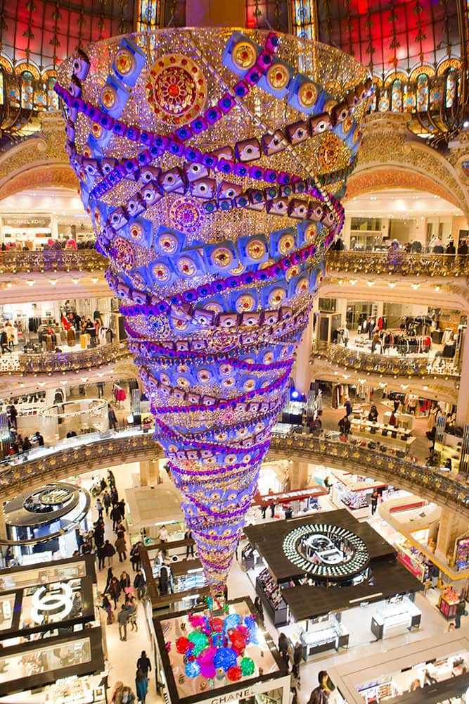 An inverted Christmas tree stands at the center of the department store Galeries Lafayette in Paris, France. The decorations are traditionally put up late November each year in preparation for the buildup to Christmas.