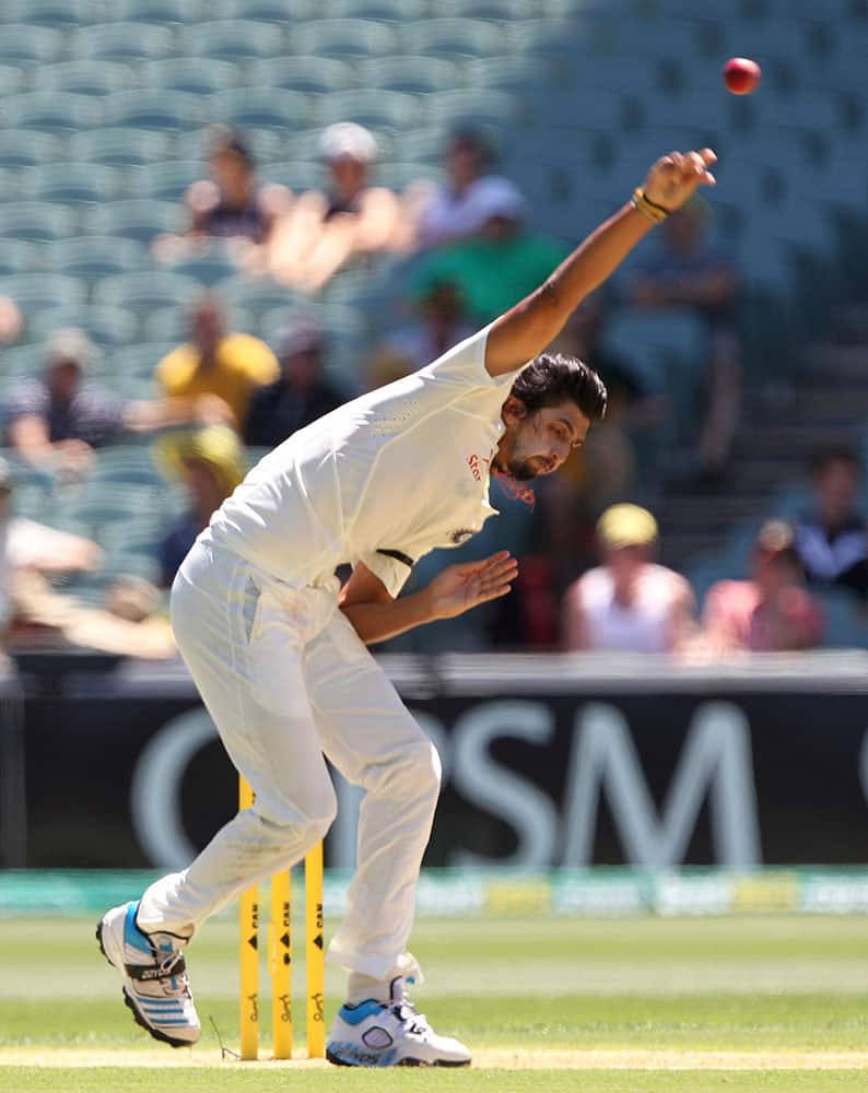 India's Ishant Sharma bowls during the first day of the cricket match against Australia in Adelaide, Australia.