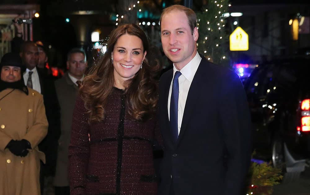 Kate, left, Duchess of Cambridge and Britain's Prince William arrive at The Carlyle Hotel, in New York.