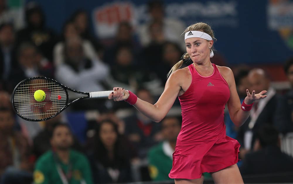 Musafir.com UAE Royals Kristina Mladenovic plays against Micromax Indian Aces player Ana Ivanovic during International Premier Tennis League, in New Delhi.