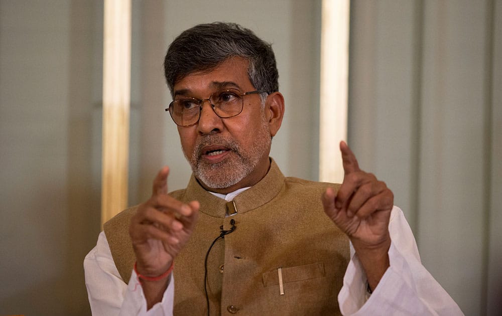 Joint-Nobel Peace prize winner Kailash Satyarthi speaks as he attends a press conference with Malala Yousafzai in Oslo, Norway.