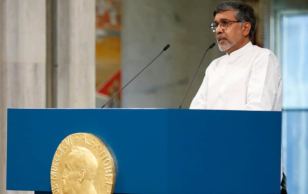 Nobel Peace Prize winner Kailash Satyarthi, from India makes an address after being awarded the Nobel Peace Prize during the Nobel Peace Prize award ceremony in Oslo, Norway.