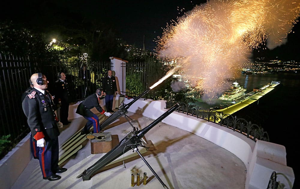 Monaco's guard fires a cannon to celebrate the birth of Prince Albert and Princess Charlene of Monaco's twins, in Monaco. Princess Charlene has given birth to twins Jacques and Gabriella. 