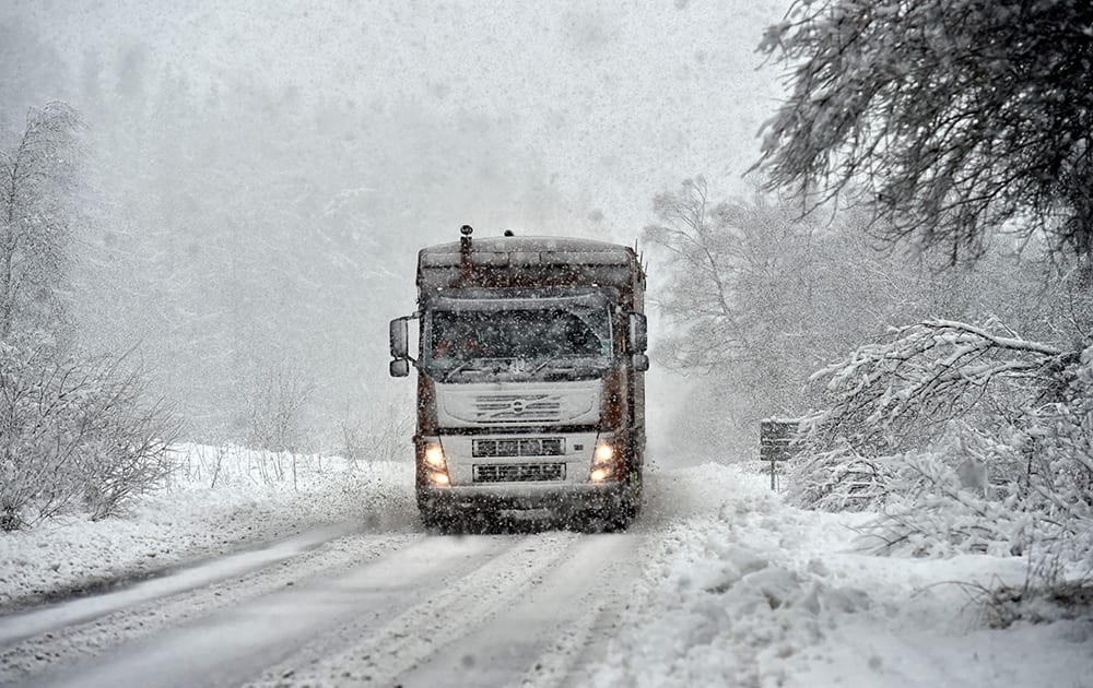 A lorry makes it's way through Kielder, north eastern England, as snow sweeps across the area.