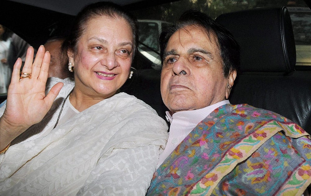 Dilip Kumar with his wife actress Saira Banu after getting discharged from the Lilavati Hospital in Mumbai.