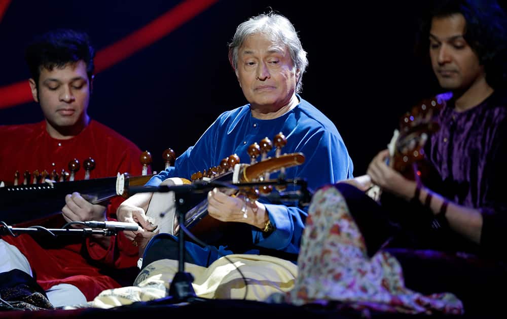 Musician Amjad Ali Khan, performs on stage during the Nobel Peace Prize Concert in Oslo.