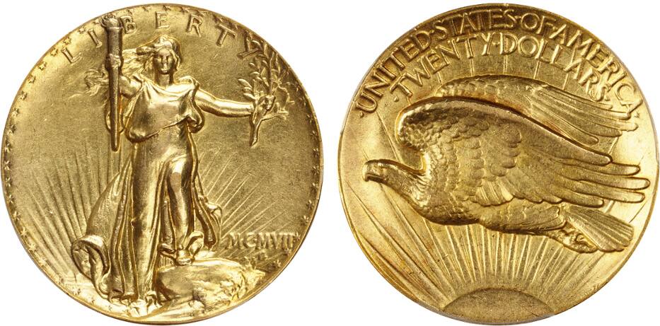 This undated photo provided by Bonhams shows a 1907 double eagle $20 coin designed by Augustus Saint-Gaudens that is going to auction.