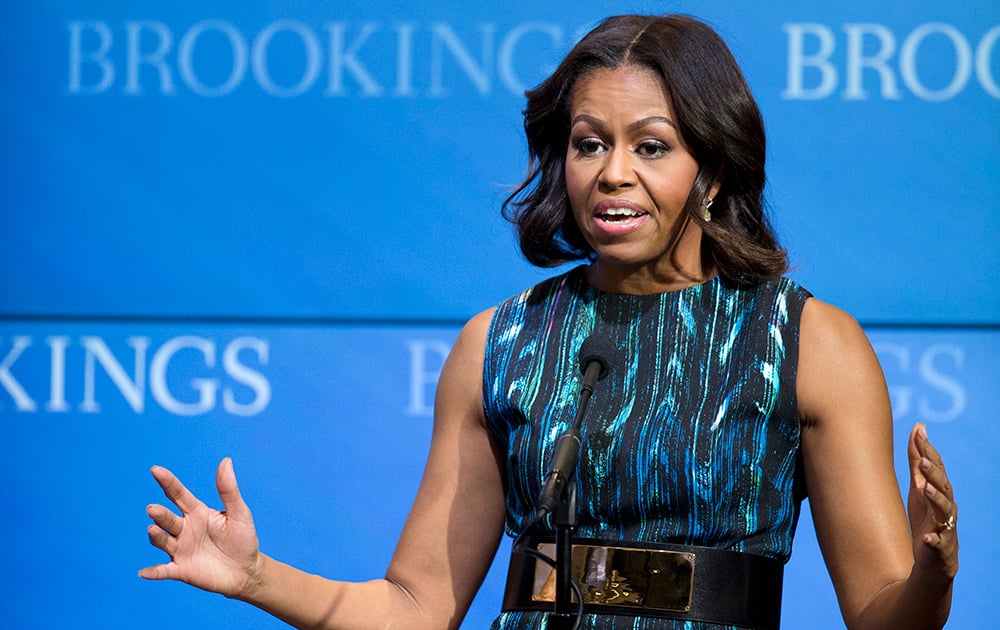 First lady Michelle Obama speaks about 'mobilizing for children's rights, supporting local leaders and improving girls' education', at the Brookings Institution in Washington.