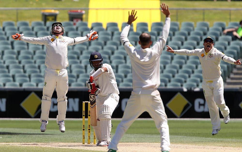 Australia's Brad Haddin, celebrates as he takes a catch to dismiss India's Cheteshwar Pujara, off the bowling of Nathan Lyon, as his teammate David Warner, looks on during the final day of their cricket test match in Adelaide.