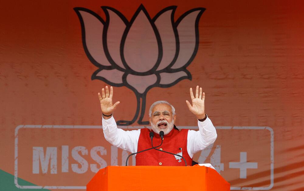 Prime Minister Narendra Modi addresses an election campaign rally in Kathua, about 90 kilometers from Jammu.