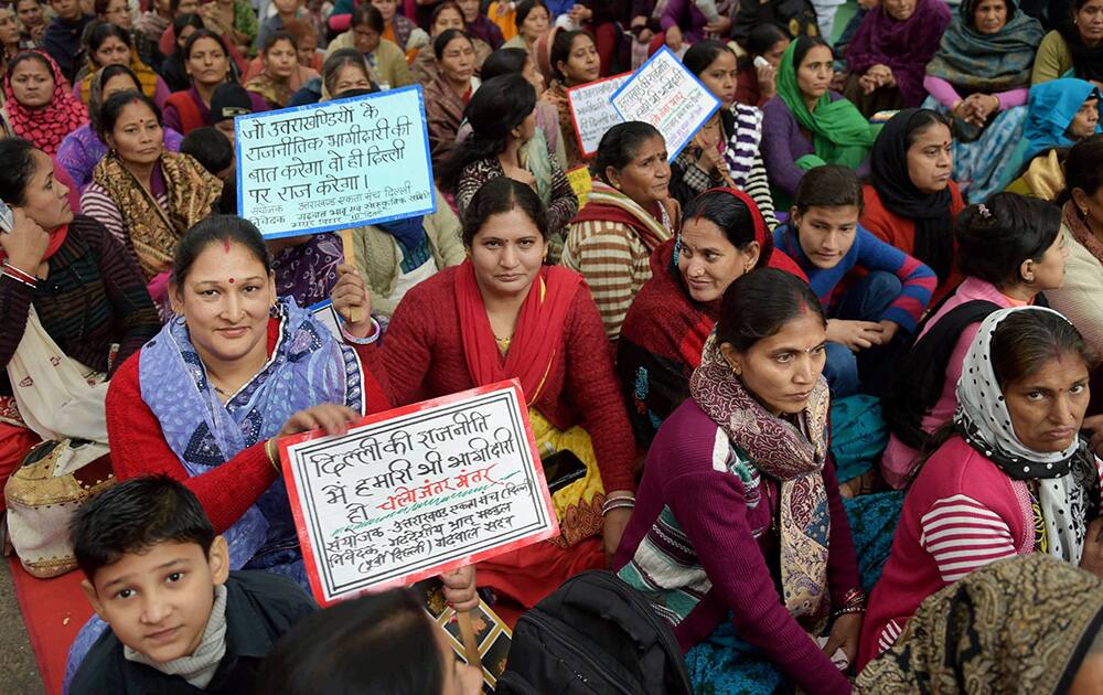 Members from Uttarakhand Ekta Manch of Delhi during a Mahapanchayat at Jantar Mantar in New Delhi.