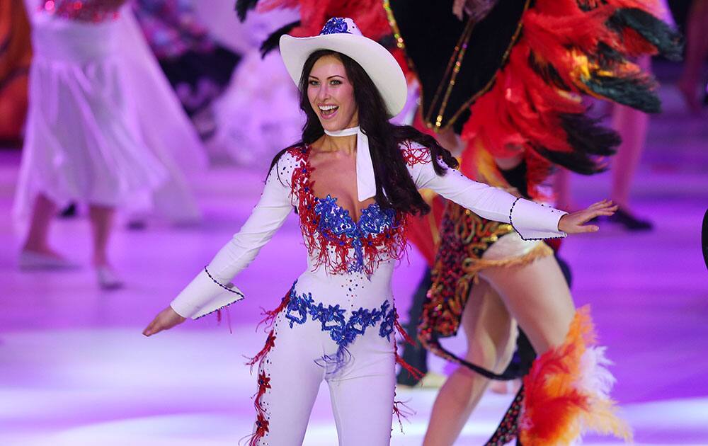 Miss United States Elizabeth Safrit takes part in the Miss World 2014 final, on stage at the Excel centre in east London.