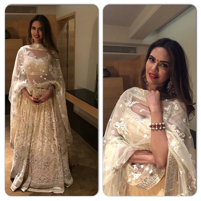 Esha Gupta :- #love love love @manisharorafashion last night for #RiddhinTejas sangeet @sanjanabatra this has been my most fav look till now.. Some love it some hate it but you can't ignore it..heheh #HMU by @mehakoberoi #jewels #amrapali -instagram