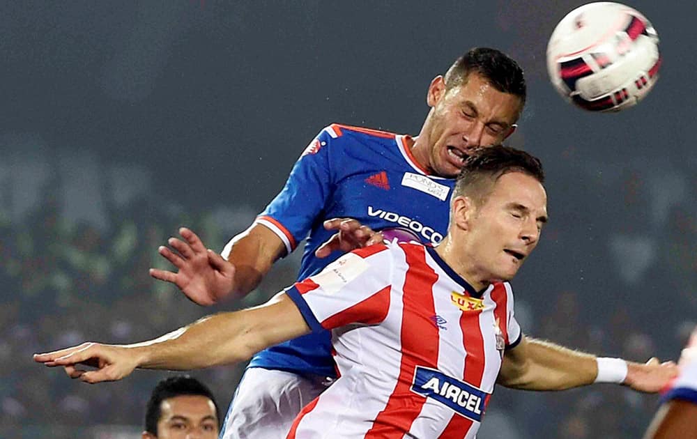 Players of Athletico De Kolkata and FC Goa in action during ISL match at Salt Lake Stadium in Kolkata.