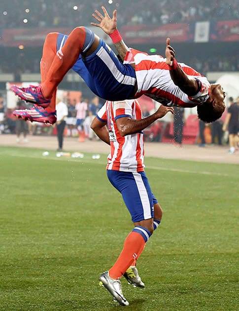  Atletico de Kolkata players celebrate a goal against FC Goa during ISL Match at Salt Lake Stadium in Kolkata.