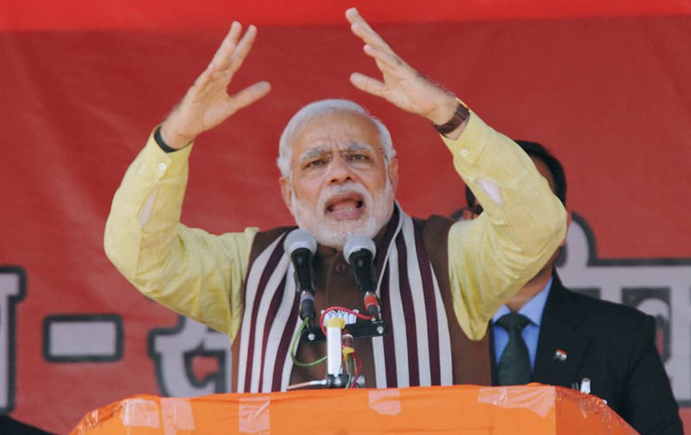 Prime Minister Narendra Modi addresses an election campaign rally in Dumka, Jharkhand.