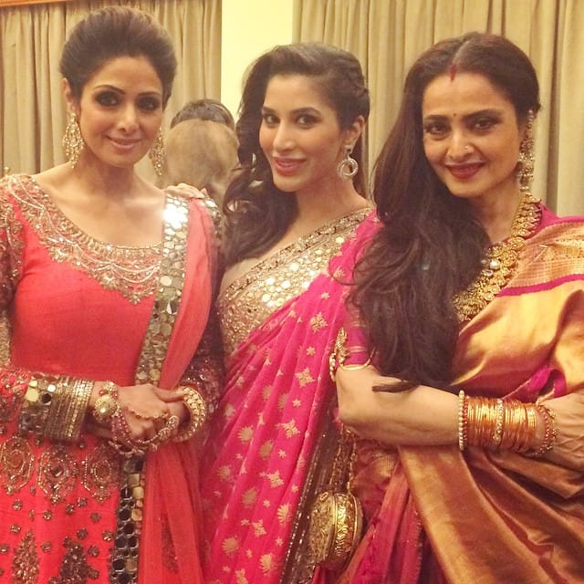 sophie choudry:- My 2 icons. It doesn't get better than this! #Rekha #Sridevi #bollywood #legends #superstars #awestruck #whatamoment -instagram