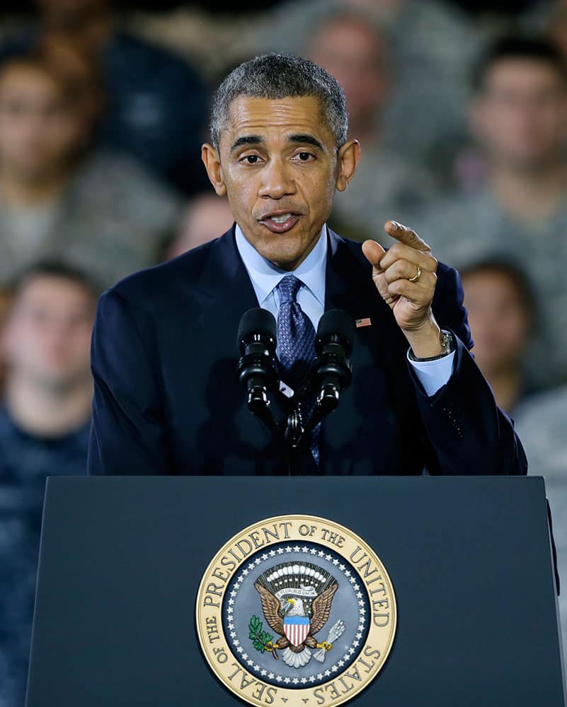 President Barack Obama speaks to military members and families, at Joint Base McGuire-Dix-Lakehurst, in Wrightstown, N.J.
