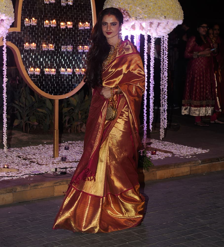 Rekha during Riddhi Malhotra and Tejas Talwalkar marriage reception in Mumbai.- dna