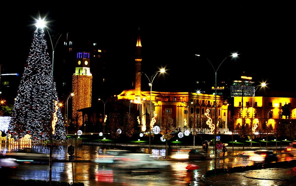 A Christmas tree on display in Albania's capital main Skanderbeg Square decorated ahead of the Christmas and New Year festivities, both considered as the most popular holidays in the post-communist country, in Tirana, Albania.