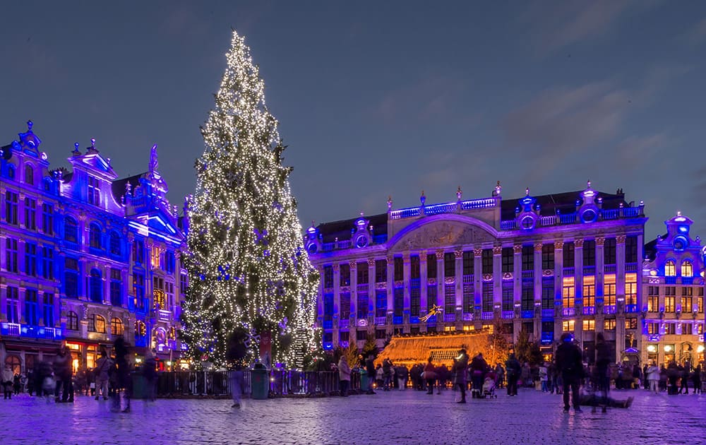 A giant Christmas tree and a light show decorate the Grand Place in Brussels.