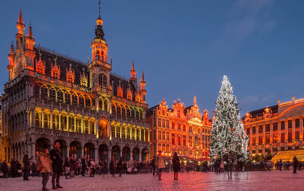 A giant Christmas tree and a light show decorate the Grand Place in Brussels.