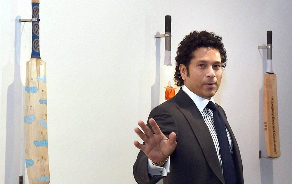 Master Blaster Sachin Tendulkar during an art exhibition Deconstructed Innings at National Gallery of Modern Art in Mumbai.