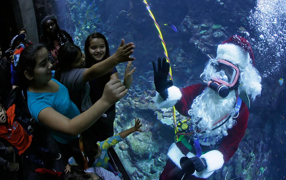 Diver Mark Lane, dressed as Scuba Santa Claus, is greeted by children after plunging into the 212,000 gallon Philippine Coral Reef tank at the California Academy of Sciences in San Francisco. 