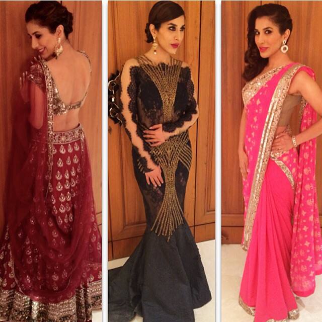 sophie choudry :- 3 nights, 3 looks.. Got a fave? All jewels by Yogesh Jasnani. 1) @manishmalhotra05 lehenga. 2) Taneiya Khanuja gown 3) @manishmalhotra05 sari #style #fashion #wedding #StardustAwards #glam -instagram