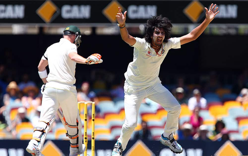 Ishant Sharma, unsuccessfully appeals for a wicket on the third day of the second cricket test match against Australia in Brisbane.