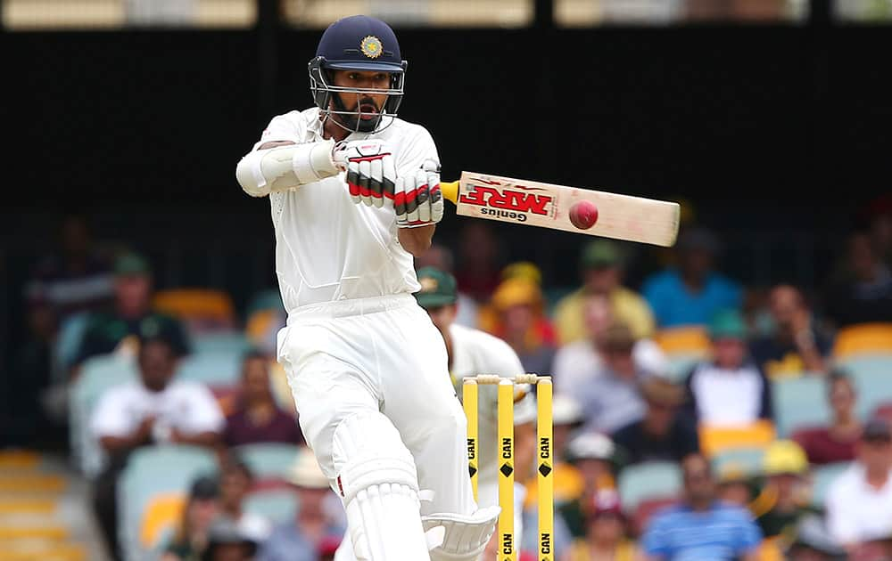 Shikhar Dhawan plays a shot during their play on day four of the second cricket test against Australia.