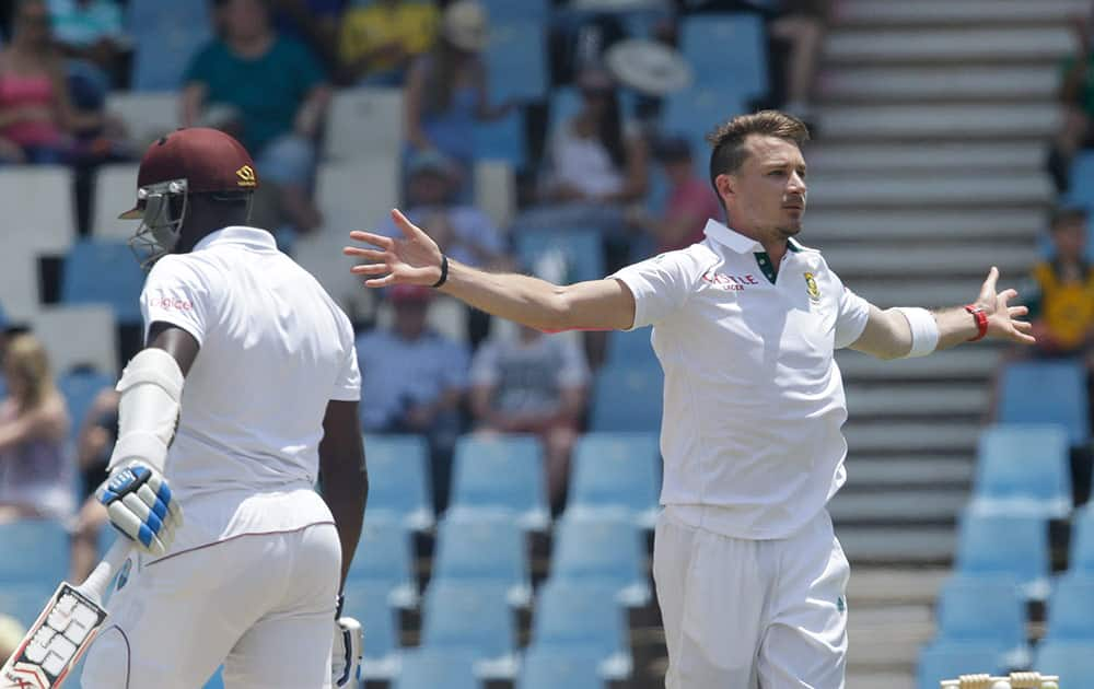 South Africa's bowler Dale Steyn, celebrates after dismissing West Indies batsman Jerome Taylor, for 9 runs on the fourth day of their 1st cricket test match at Centurion Park in Pretoria, South Africa.