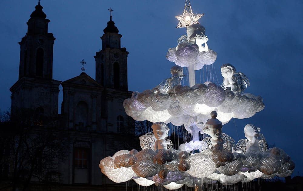 The illuminated Christmas tree in the old city in Kaunas, Lithuania.