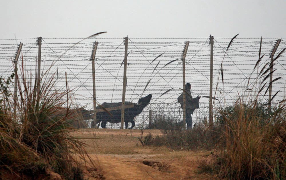 An Indian farmer leads with his bull in the dense fog near the fence at the India-Pakistan international border in Ranbir Singh Pura, in Jammu, India, Monday.