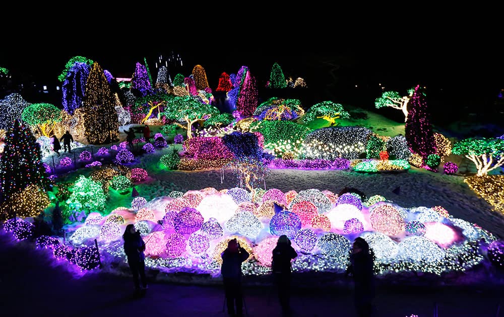 Visitors are silhouetted with decorated lights on trees to celebrate the upcoming Christmas and New Year at Garden of Morning Calm in Gapyeong, South Korea, Monday.