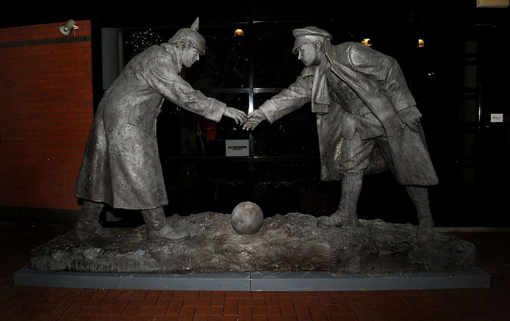 A WWI sculpture on display outside the reception of the Britannia Stadium after the English Premier League soccer match between Stoke City and Chelsea, to commemorate the 100th anniversary of the 1914 Christmas truce during the World War One, in Stoke on Trent, England.