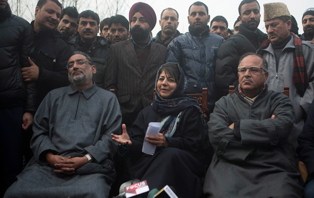 People's Democratic Party (PDP) leader Mehbooba Mufti, addresses the media at her residence in Srinagar. The PDP won 28 seats and emerged as the single largest party in the recently concluded Jammu and Kashmir state elections.