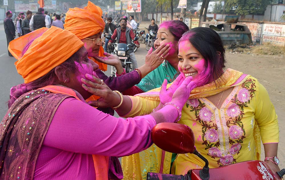 BJP workers celebrate after Jharkhand assembly result in Dhanbad.