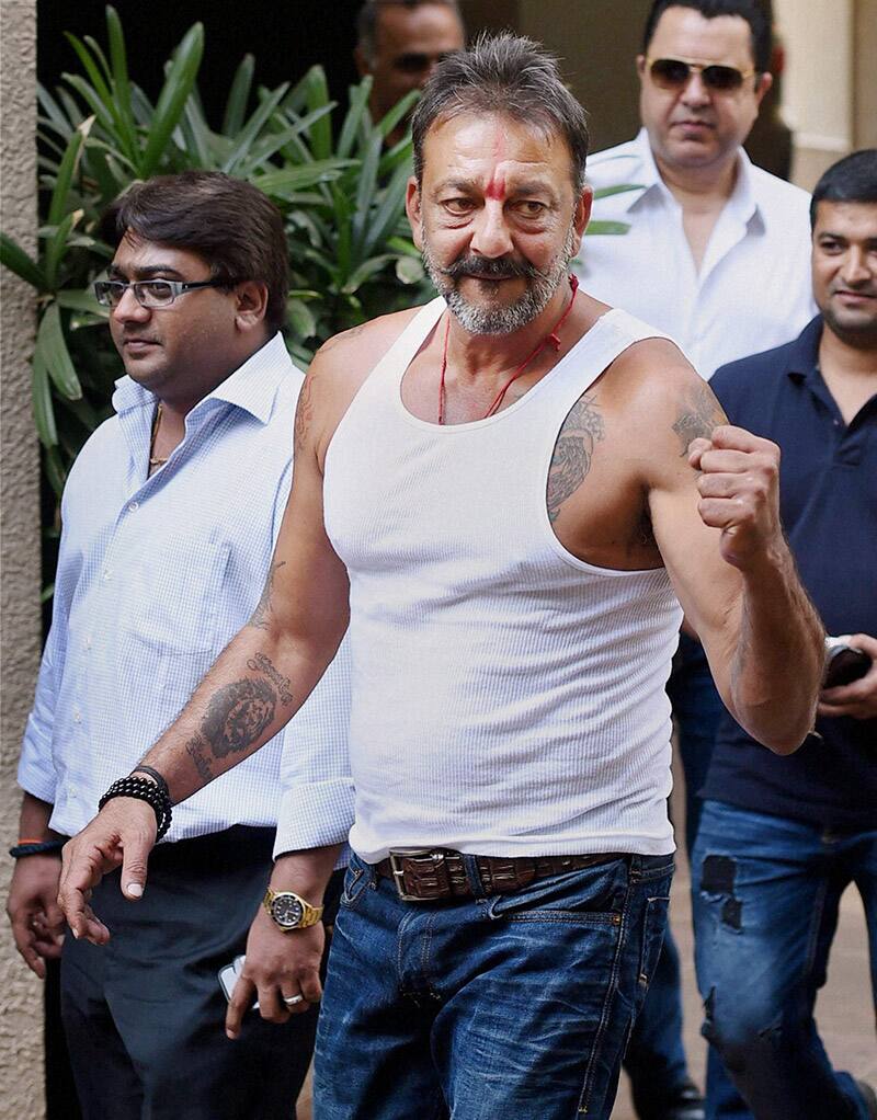 Sanjay Dutt arrives at his residence after he was granted two weeks furlough by the state prison authorities in Mumbai.