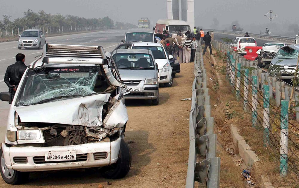 Vehicles lined up after met with an accident at Yamuna expressway near Jewar interchange in Greater Noida.