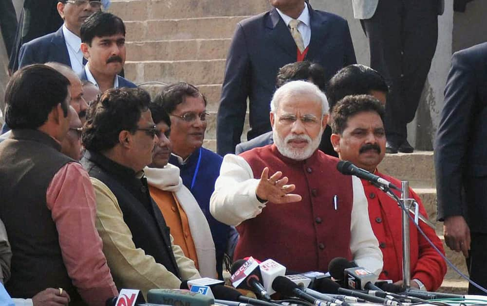 Prime Minister Narendra Modi addresses media during Swachh Bharat Campaign, at Assi Ghat.