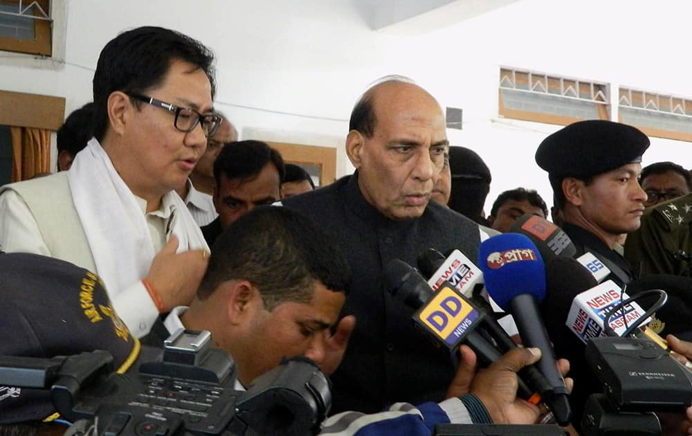 Union Home Minister Rajnath Singh addresses media during his visit at Biswanath Cahriali after NDFB attacks, in Sonitpur.