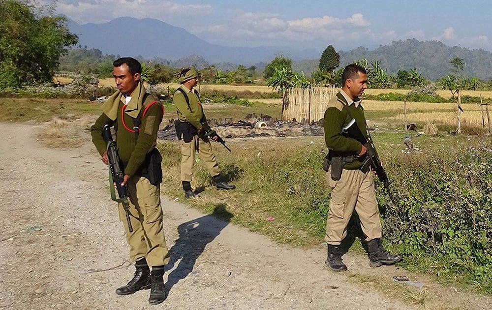 Security personnel patrolling after the attacks by Bodo militants that left several people dead, in Sonitpur.