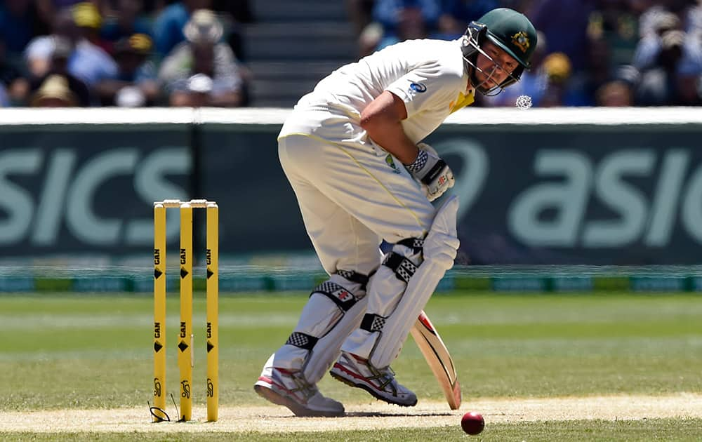 Australia's Ryan Harris doubles over after he was struck by a delivery from India on the second day of their cricket test match in Melbourne, Australia.