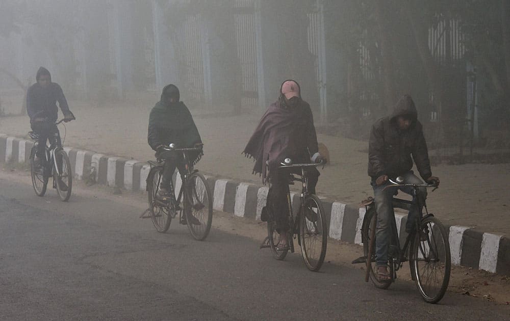 Mens pedal their bicycles at a road during a foggy morning in New Delhi.