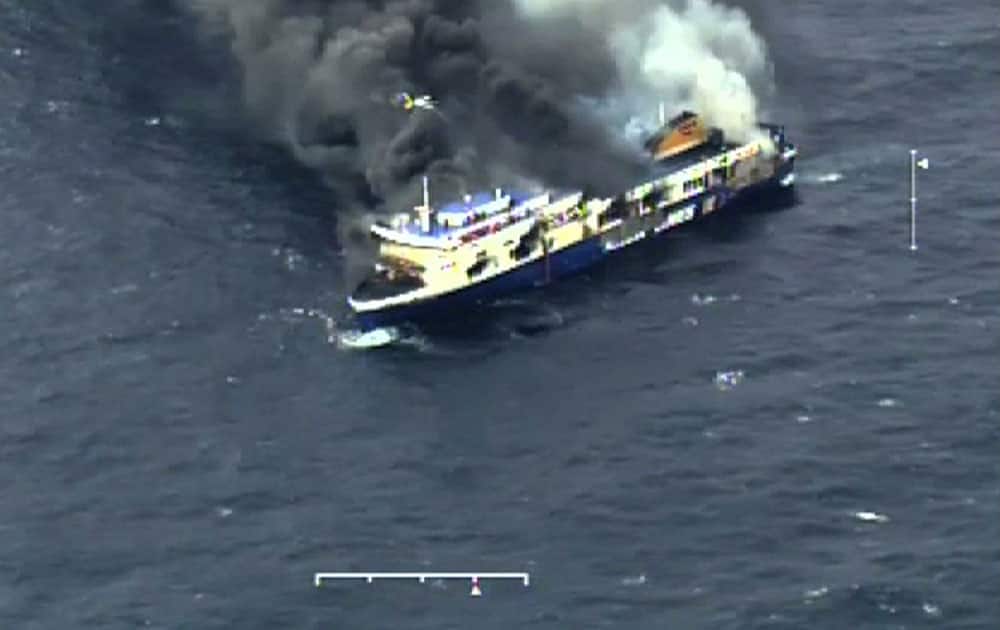 In this image taken from a video released by the Italian Coast Guard, smoke billows from the Italian-flagged Norman Atlantic that caught fire in the Adriatic Sea.