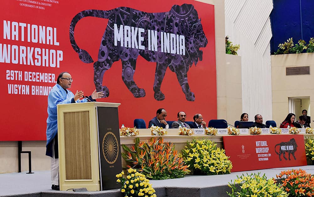 Finance Minister Arun Jaitley addressing at the National Workshop on Make in India, in New Delhi.